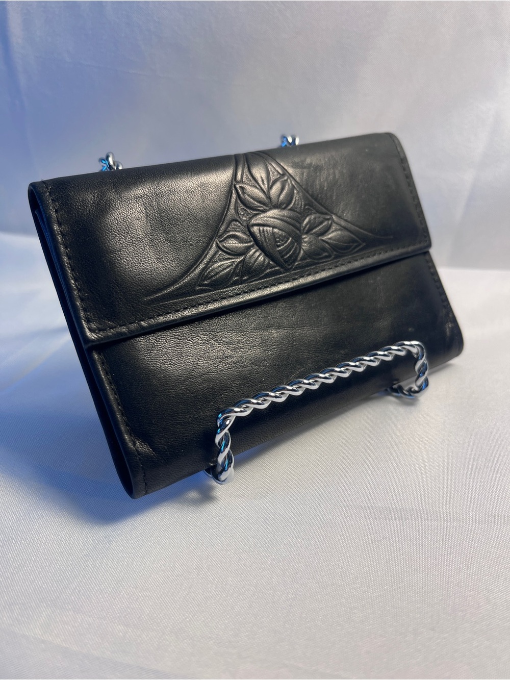 Vintage Rolfs American Classic Black Leather Floral Trifold Clutch Wallet